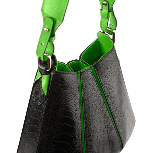 Black Luna Limited Edition Ostrich Leather Shoulder Bag with Green Gussets Bellabags Bellabags