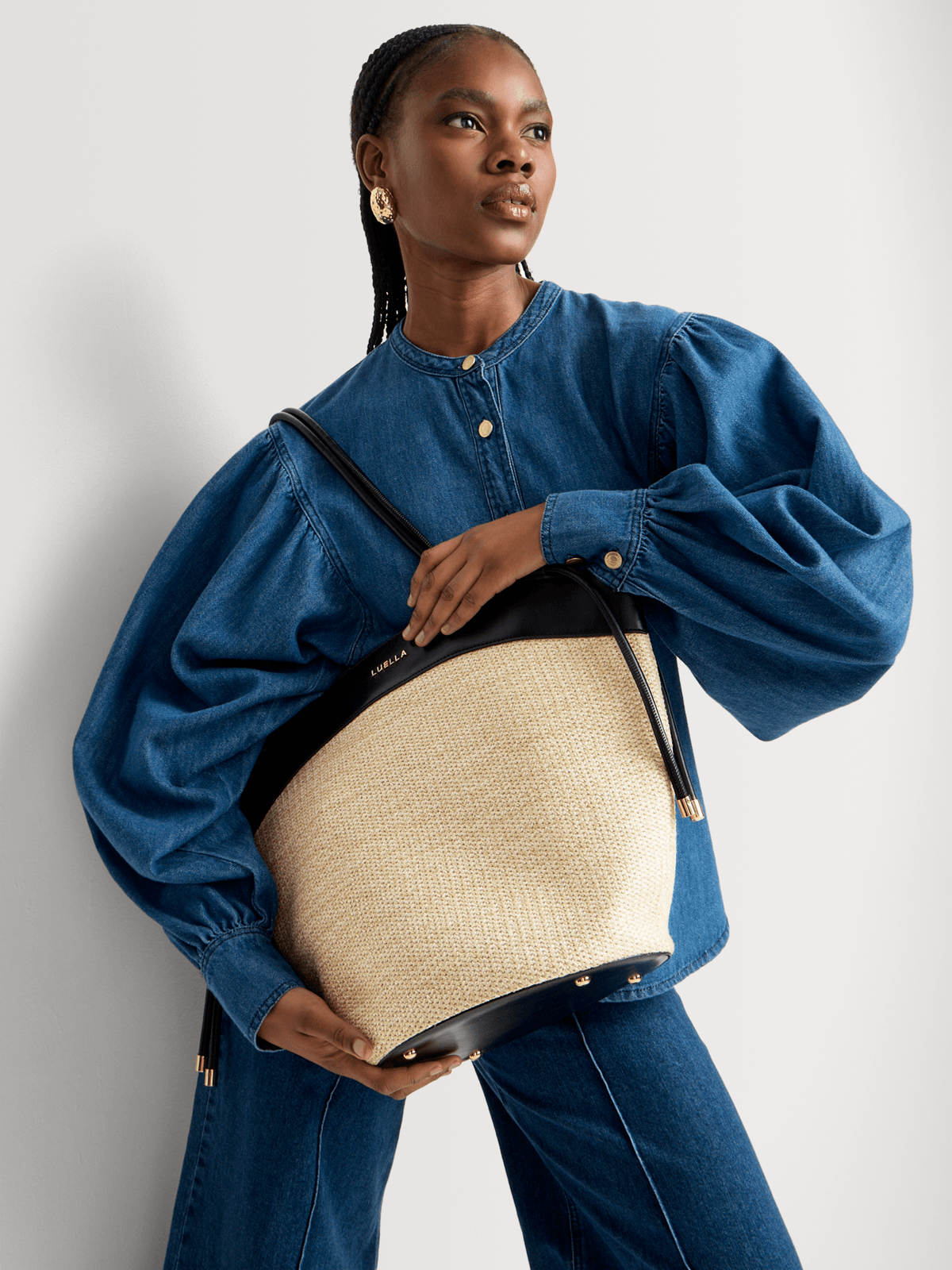 Luella Raffia Drawstring Basket Shopper Bag Luella