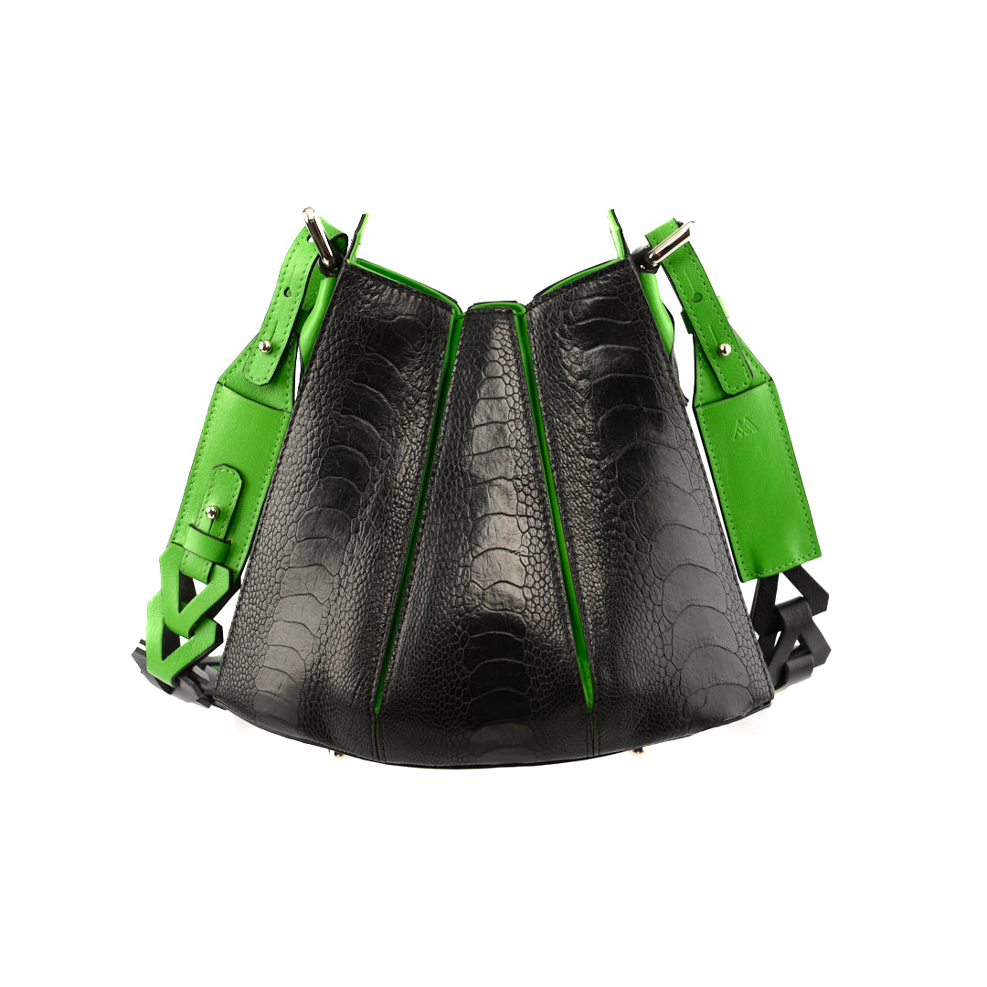 Black Luna Limited Edition Ostrich Leather Shoulder Bag with Green Gussets Bellabags Bellabags