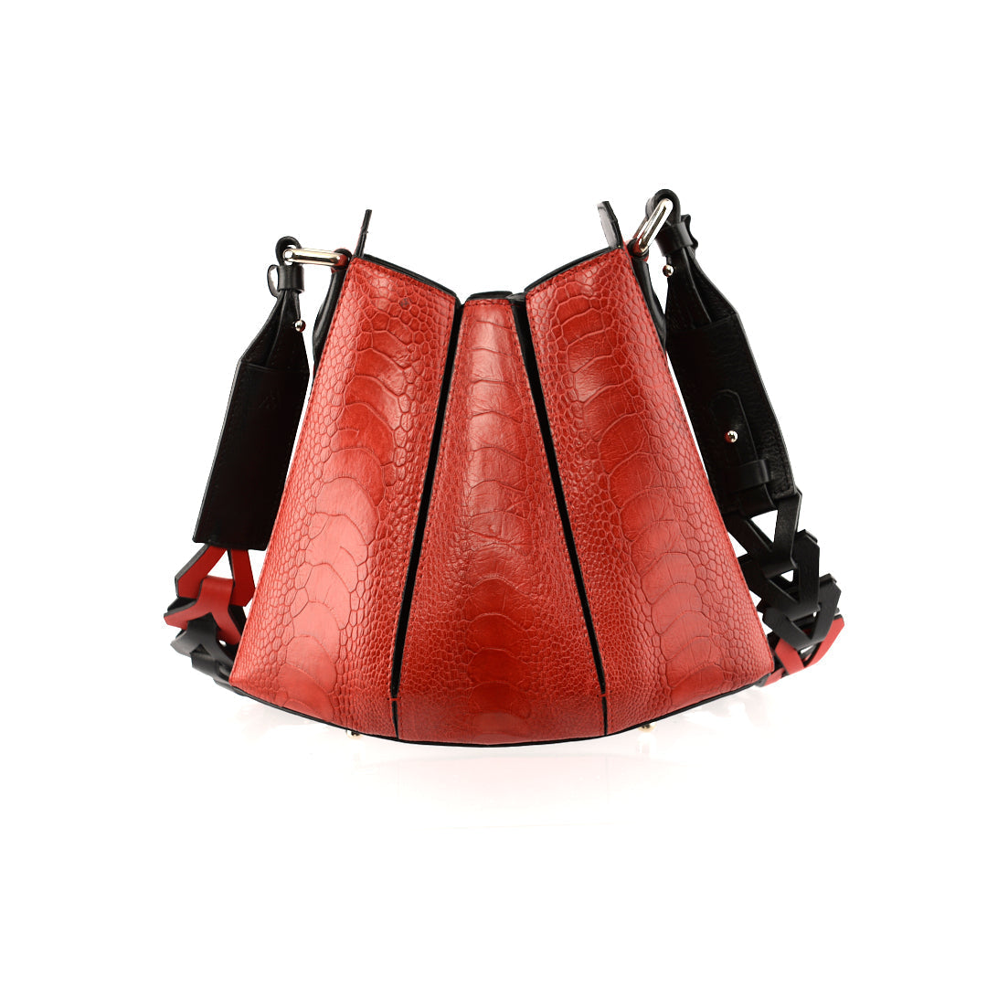 Red Luna Limited Edition Ostrich Leather Shoulder Bag with Black Gussets Bellabags Bellabags