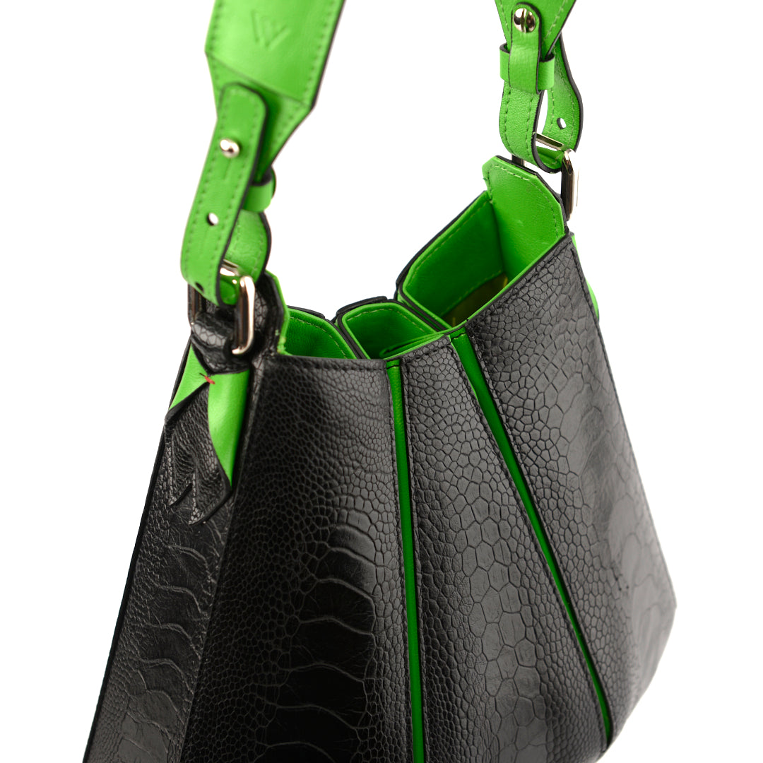 Black Luna Limited Edition Ostrich Leather Shoulder Bag with Green Gussets Bellabags Bellabags
