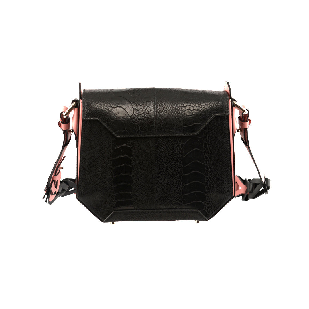 Black Lia Limited Edition Ostrich Leather Shoulder Bag with Light Pink Gussets Bellabags Bellabags