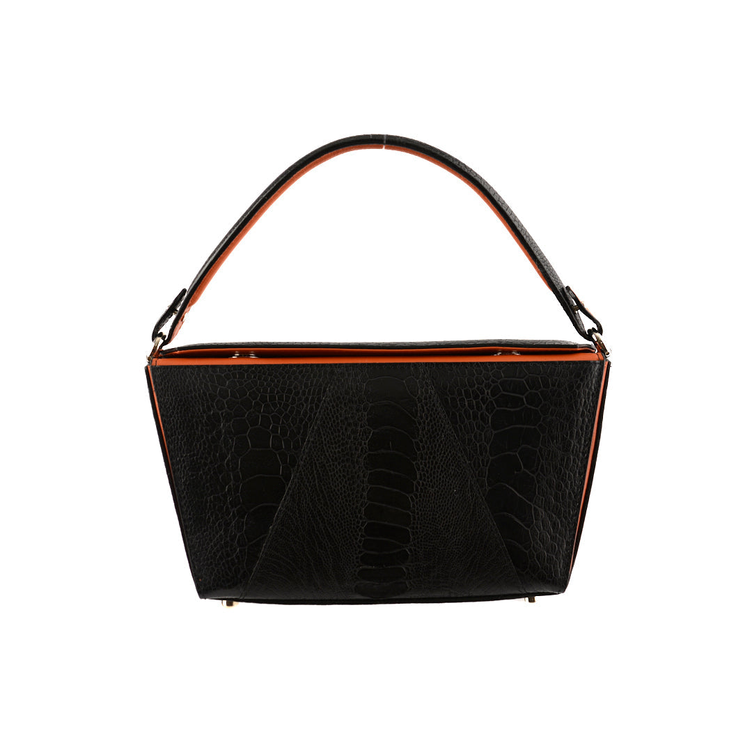 Black Lottie Limited Edition Ostrich Leather Crossbody Bag with Orange Gussets Bellabags Bellabags