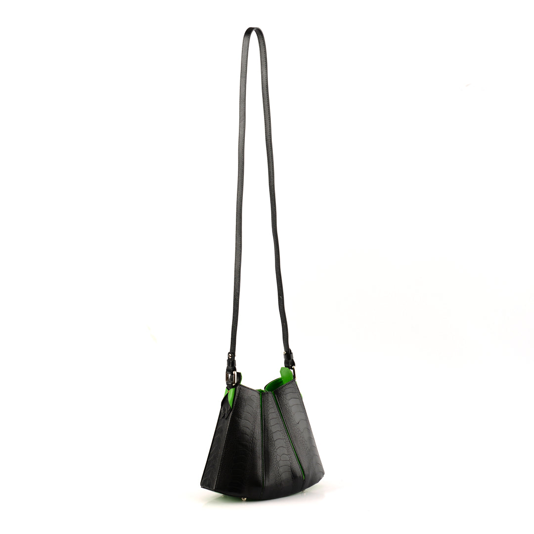 Black Luna Limited Edition Ostrich Leather Shoulder Bag with Green Gussets Bellabags Bellabags
